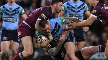 Big cost: David Klemmer produced a mammoth effort in Origin I, but suffered a wrist injury in the process.