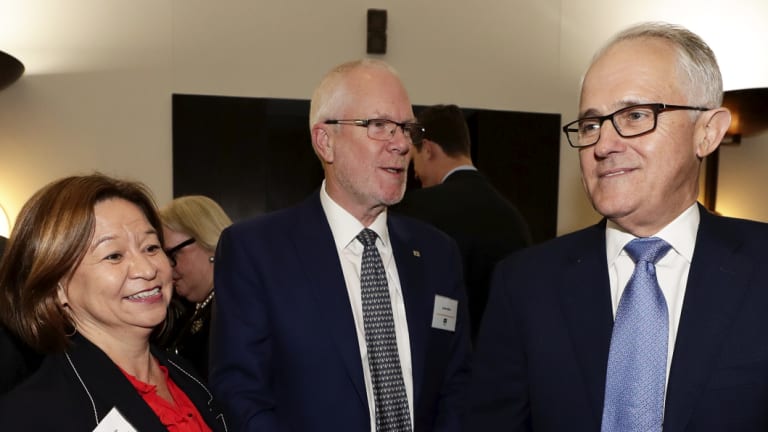 Former managing director Michelle Guthrie, chairman Justin Milne and former PM Malcolm Turnbull in August.