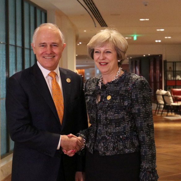 Former PMs Malcolm Turnbull and Theresa May at the G20 meeting in Hangzhou in 2016.  