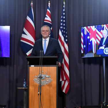 AUKUS announcement: Scott Morrison at the virtual joint press conference with British Prime Minister Boris Johnson and US President Joe Biden.