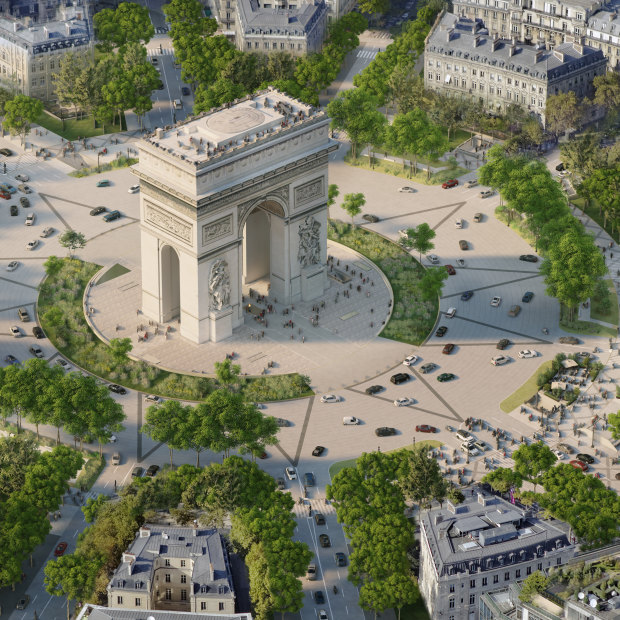 An architectural impression of a revamped Arc de Triomphe in central Paris, which will be redesigned as part of a major overhaul of the famous Champs-Élysées. 