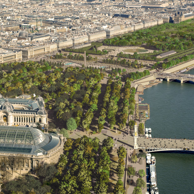 An architectural impression of the sprawling interconnected parkland created by the impending redevelopment of the Champs-Élysées and Place de la Concorde.