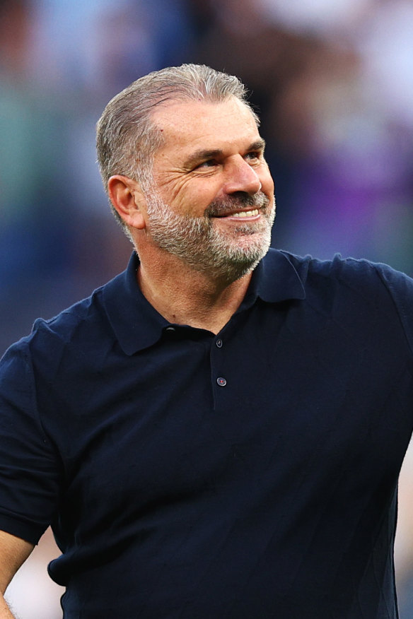 Ange Postecoglou soaks up the adulation of the Tottenham Hotspur fans in August last year. “So much of my childhood was trying to overcome having Postecoglou as a surname, and now they’re making it into songs … It’s crazy.”