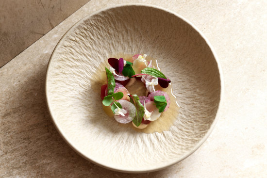 Yellowfin tuna with katsuobushi cream and celtuce at Aria.