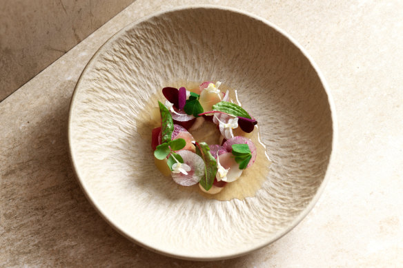 Yellowfin tuna with katsuobushi cream and celtuce at Aria.