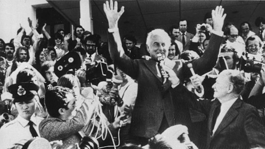 Sacked prime minister Gough Whitlam addresses the crowd outside Parliament House after his dismissal on November 11, 1975. 