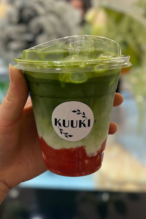 Iced strawberry matcha at Kuuki Cafe.