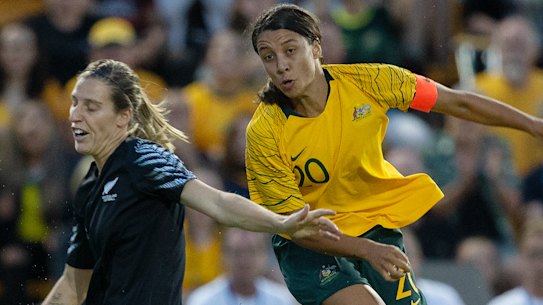Sam Kerr has her shot blocked by New Zealand's Rebekah Stott during last year's Cup of Nations.