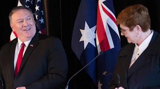 US Secretary of Defense, Mike Pompeo and Australia's Minister for Foreign Affairs Marise Payne at a joint American/Australia press conference at state Parliament. Photograph by Edwina Pickles. Taken on 4th August 2019.