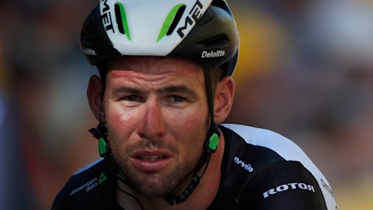 Cavendish is often in the wars. Here he is post-crash in the 2017 Tour de France. 