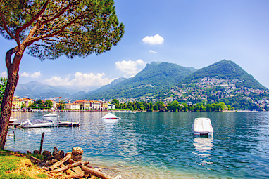 View of Lugano lake and Lugano city in Switzerland