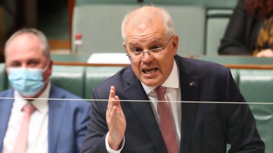 Prime Minister Scott Morrison (right) and his deputy Barnaby Joyce in Question Time on Monday.