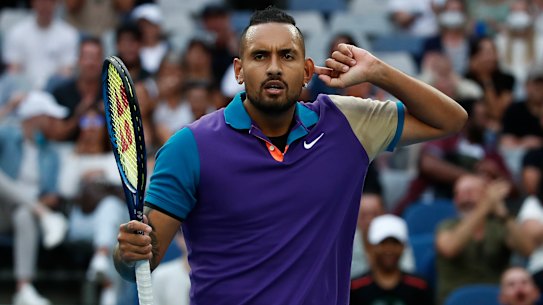 MELBOURNE, AUSTRALIA - FEBRUARY 12: Nick Kyrgios of Australia celebrates after winning a point in his Men’s Singles third round match against Dominic Thiem of Austria during day five of the 2021 Australian Open at Melbourne Park on February 12, 2021 in Melbourne, Australia. (Photo by Daniel Pockett/Getty Images)