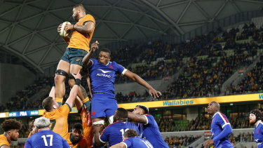 Lukhan Salakaia-Loto wins a lineout for the Wallabies on a night when the French spiked some at crucial moments.