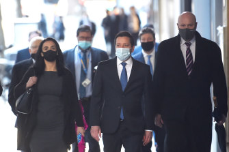 Former Victorian opposition leader Matthew Guy arriving for the party room vote with his supporters. 
