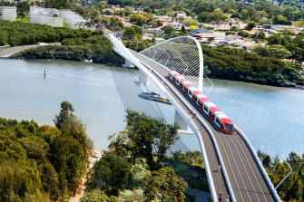 An artist's impression of the second phase of the Light Rail Line on the Parramatta River between Melrose Park and Wentworth Point.