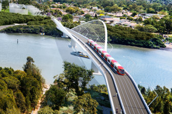 An artist’s impression of the second stage of the light rail line over Parramatta River between Melrose Park and Wentworth Point.