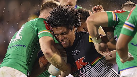 Penrith winger Brian To’o braces for contact on Friday night.
