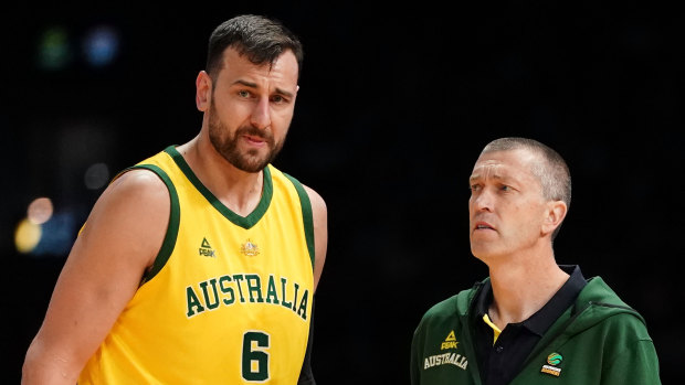 Andrew Bogut and coach Andrej Lemanis during the victory over the US.