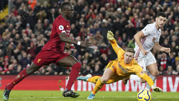 Sadio Mane scores Liverpool's second goal against Sheffield United at Anfield.