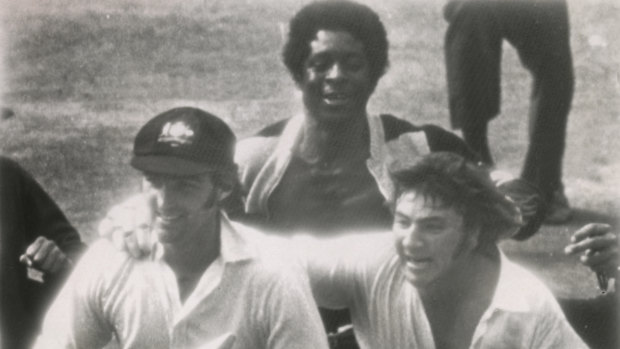 "We weren't going to lose that one': Paul Sheahan and Rod Marsh run towards the dressing rooms at The Oval after winning the Fifth Test in 1972.