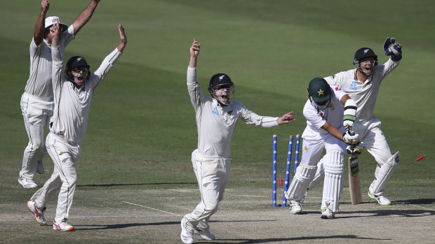 The Kiwis celebrate a wicket on a dramatic day four.