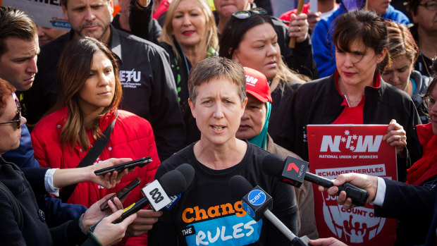 Sally McManus speaks at the Change the Rules rally on May 9, 2018 in Melbourne.  
