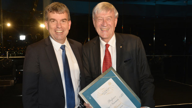 Science Minister Dave Kelly with newly minted scientist of the year Peter Newman on Wednesday night.