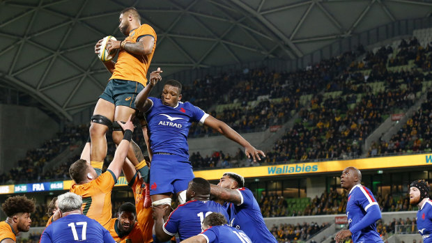 Lukhan Salakaia-Loto wins a lineout for the Wallabies on a night where the French pinched a few at crucial times.