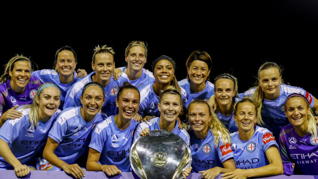 Melbourne City celebrate after being crowned the W-League premiers on Thursday night.
