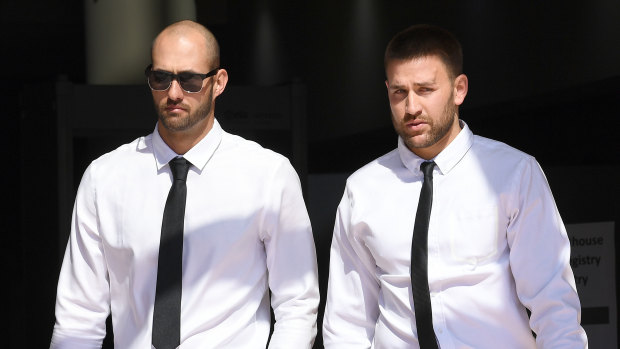 Josh Milani (left) and Sam Wallace leave the Southport courthouse on the Gold Coast on Tuesday.