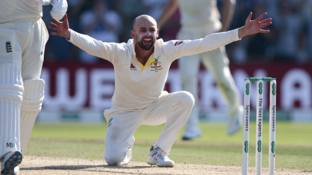 Nathan Lyon appeals after Ben Stokes is hit on the pads with England one run behind Australia.