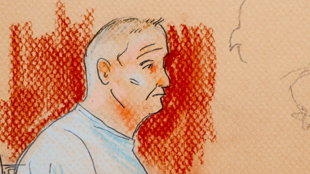 This courtroom sketch depicts Robert Gregory Bowers, who appeared in a wheelchair at federal court on October  29 after he was wounded in a gun battle with police.