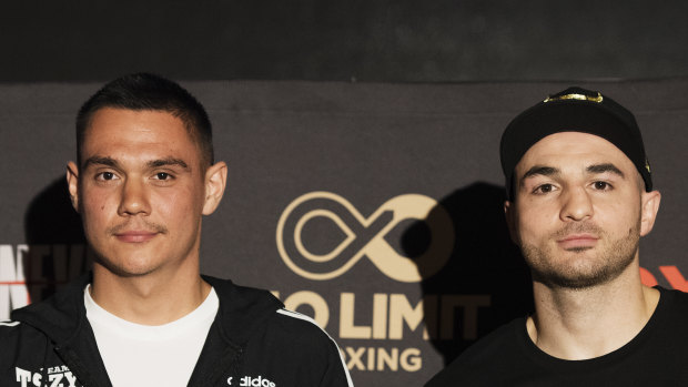 Stepping stone: Tim Tszyu to poses with his next opponent, Joel Camilleri.