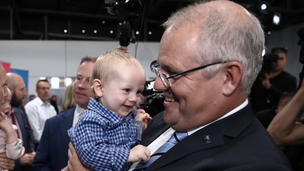 Scott Morrison with baby Ned at a Liberal campaign rally in Launceston during the 2019 election.