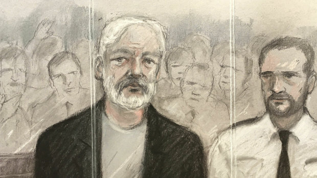 Court artist sketch depicting Julian Assange at Southwark Crown Court in London.