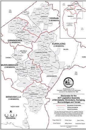 The 2016 ACT electorate boundaries.