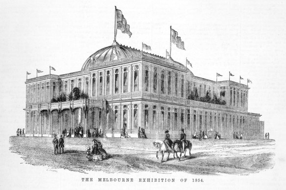 The Melbourne Exhibition of 1854: The first edition of The Age was printed in the city’s first exhibition building, known as the “Crystal Palace” and depicted on a wood engraving by Samuel Calvert.