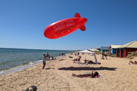 The red blimp that was used to protest against the Frankston building developments.