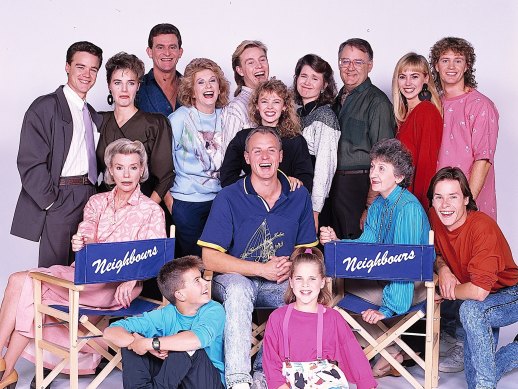 The cast of Neighbours in 1989,  including Kylie Minogue, Jason Donovan and Guy Pearce.