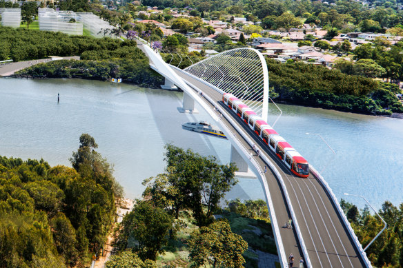 An artist’s impression of the second stage of the light rail line over Parramatta River between Melrose Park and Wentworth Point.