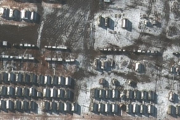 A November satellite photo shows a Russian troop location in Yelninsky, Smolensk region, Russia. Declassified US intelligence showed Russia was planning for an invasion of Ukraine.