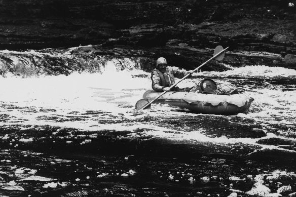 Senator Chipp shoots the rapids on the Franklin River, Tasmania, February 15, 1981.  