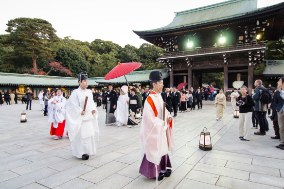 A traditional Japanese wedding ceremony at Meiji Jingu Shrine.