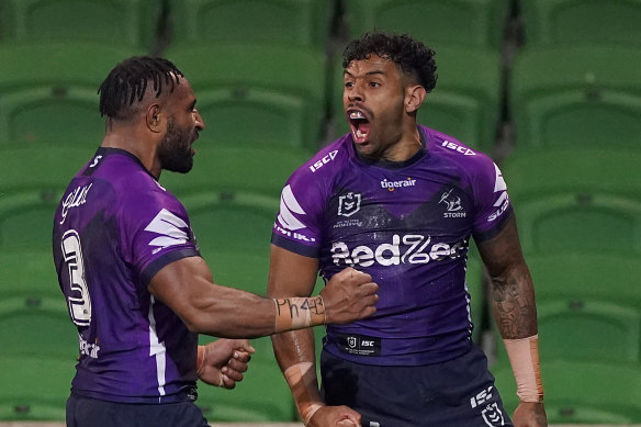 Melbourne winger Josh Addo-Carr celebrates after scoring a try on Friday night.