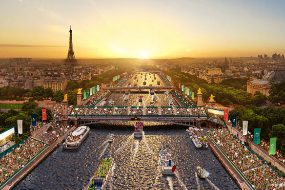 A visualisation of a parade of athletes on the River Seine during the opening ceremony of the Paris 2024 Games.