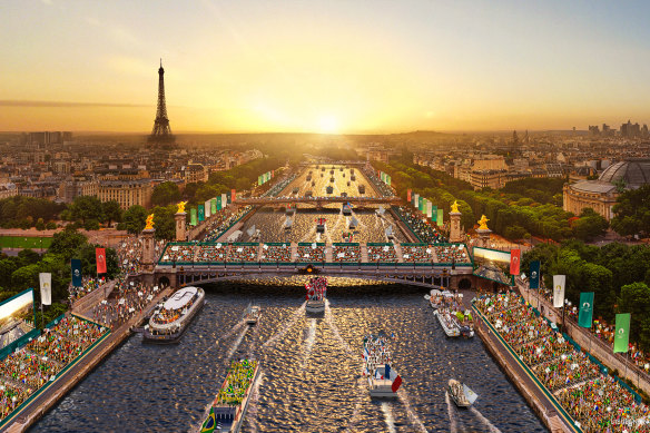 An artist’s rendering of the athletes’ parade on the Seine.