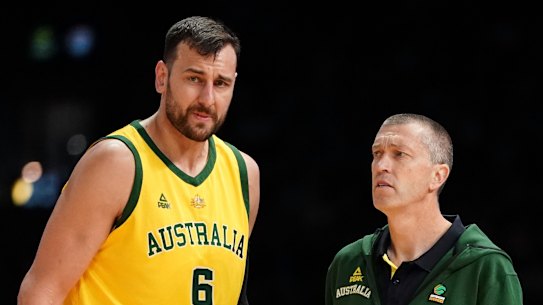 Andrew Bogut and coach Andrej Lemanis during the victory over the US.