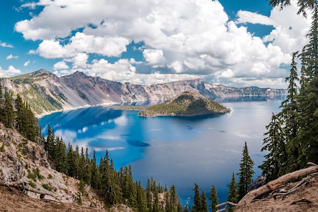 Crater Lake, the deepest lake in the United States, is surrounded by dense conifer forests.