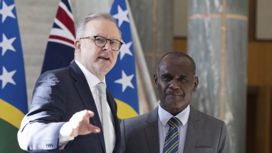 Jeremiah Manele and Anthony Albanese during a joint press conference at Parliament House on June 26, 2024. 